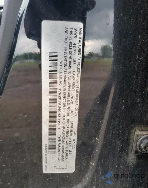 2012 Volkswagen Jetta Base from USA, damaged, VIN 3VW2K7AJ4CM309908